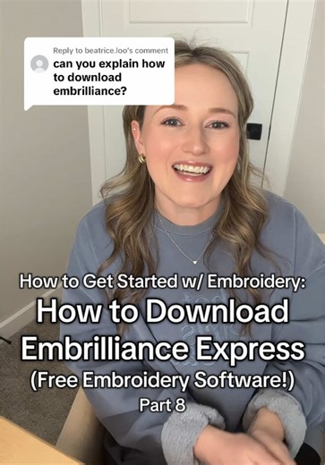 Replying to @beatrice.loo YAY for Embrilliance Express. Showing you today how to download the free software! If you want a sneak peak on how to use it, I have a playlist titled “Embrilliance” on my page! If not, come back for part 9 tomorrow and I’ll show you how to use it then!! #embroidery, #beginnerembroidery, #embroiderytips, #DIY, #crafting Embroidery Software Essentials for Beginners, Brother SE700 Embroidery Machine, How to Start Embroidery, Begginer Embroidery, Embrilliance Express, Embr