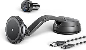 Anker Magnetic Wireless Charger (MagGo), 613 Car Charging Mount with 2-Port Car Charger, 5 ft USB-C to USB-A Cable, Strong Magnetic Alignment for iPhone 16/16 Pro/16 Pro Max/15/15 Pro Max