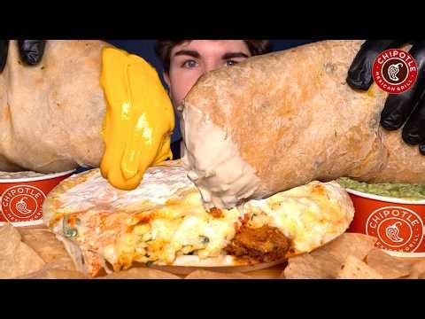 ASMR MUKBANG CHIPOTLE GIANT BURRITOS CHIPS CHEESE VIRAL CHICKEN QUESADILLA LOADED BOWL | WITH CHEESE