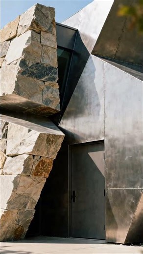 Angular sculptural house combines rough stone, dark marble, and weathered metal facets