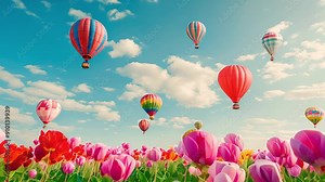 A field of tulips with giant colorful hot air balloons floating above, Hot air balloon over tulip fields