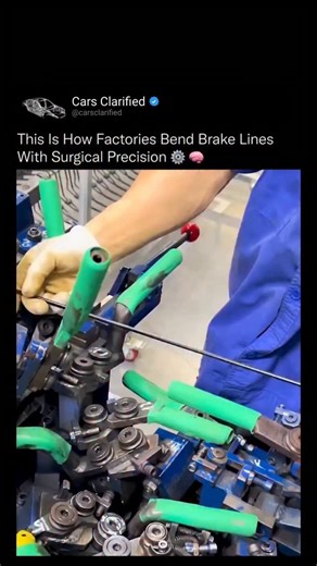 Cars Clarified on Instagram: "This process looks effortless, but every bend has to be exact or the entire system falls apart. Modern brake lines are formed using precision rollers and calibrated tooling that control angle, radius, and tension down to fractions of a millimeter. The goal is simple but unforgiving: create smooth, continuous curves that maintain internal flow strength while avoiding stress points, kinks, or weak spots. This level of accuracy matters because brake lines operate under