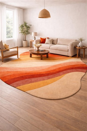 Hand Tufted Wool Rug – Irregular Wave Shape Rug in Warm Earthy Tones – Modern Abstract Area Rug – Handmade Designer Statement Carpet - Etsy