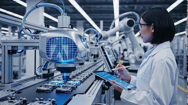 Video of automated quality control line scanning products in a high tech factory environment, advanced manufacturing workflow and smart industry automation visual for business marketing content.