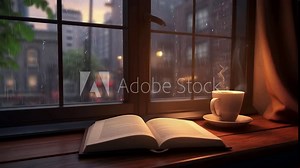 reading book with hot coffee near the windows. relaxing time. enjoying reading. seamless looping overlay 4k virtual video animation background