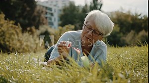 Retired senior woman enjoying freedom. Childish grandma blowing soap bubbles in the park. High quality 4k footage