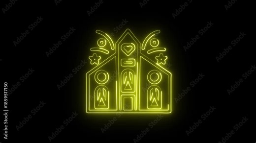 Church Icon Animation with Glowing Lines on Black Background