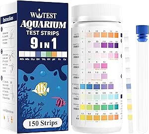 9-Way Aquarium Test Strips - 150 Aquarium Water Test Kit Fish Tank Test Kit Quick & Accurate Testing Iron Copper Nitrate Nitrite Chlorine Total Hardness Total Alkalinity Carbonate pH