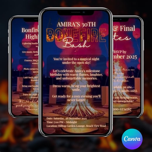 Birthday Bonfire Invitation, Bonfire Party Digital Invite, Bonfire & S'mores Invite, Fall Bonfire Party Template, Editable Birthday Invite - Etsy