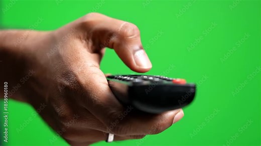Close up of a hand holding a remote control and pressing a button.