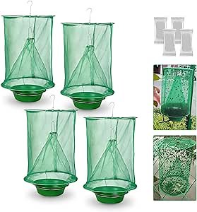 4 Pack Ranch Fly Traps, Hanging Stable Fly Trap, Disposable Fly Killer Cage, Fly Catcher Bag with Bait Tray, Fly Repellent for Outdoor and Indoor, Farms