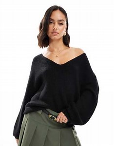 Threadbare fluffy v-neck slouchy jumper in black | ASOS
