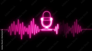 Neon podcast microphone. Line art. Voice recording. Neon line. Microphone. Sound wave with different amplitude. Radio wave of podcast microphone animation. Audio microphone. Isolated on black.