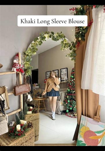 Trendy Khaki Long Sleeve Blouse for Women