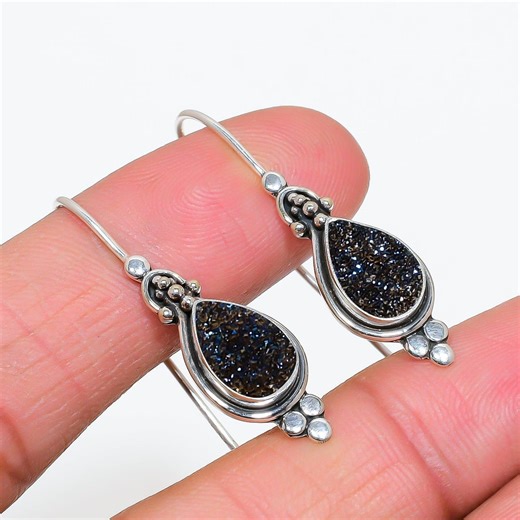 Blue Agate Druzy Earrings: Sterling Silver, Titanium, Handmade - Etsy