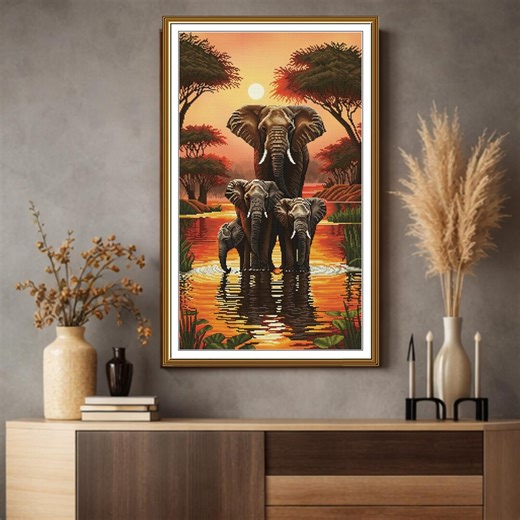 Elephant Family Cross Stitch Kit, African Sunset Embroidery, Printed Fabric Wildlife Design - Etsy