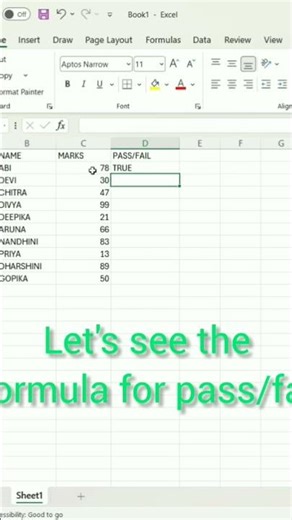 the formula for pass and fail in ms excel #shortvideo #spreadsheetmagic #excel #exceltips