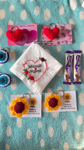 embroidery handkerchief with keychains// heart shape pattern// evileye,heart , sunflower 🌻