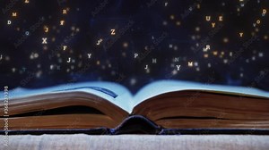 Magic book with animation glowing letters