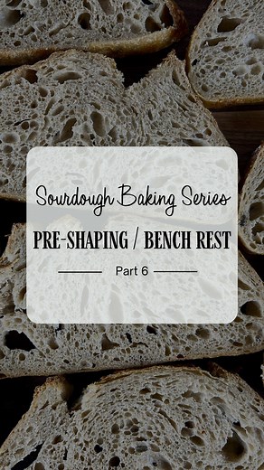The sourdough technique of preshaping consists of gathering the dough into a ball. Gently rotate the dough with a bench scraper and your hand, being careful not to overwork the dough. If you see tearing on the surface of the sourdough, that's a signal to stop! After the preshaping, allow the sourdough to rest on the work surface for 20-30 minutes. This period of time is called the "Bench Rest". The rest time allows for the gluten networks within the sourdough to relax, which allows for an easier