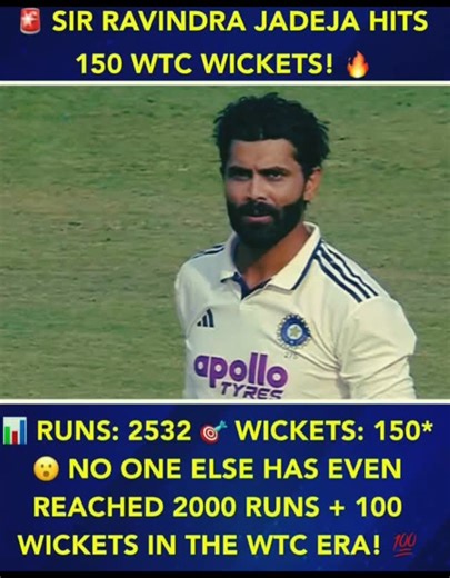 💥 RAVINDRA JADEJA = RECORD MACHINE! 💥 Today belongs to Sir Jadeja, and the numbers prove why he’s a once-in-a-generation all-rounder. 👑🔥 🌟 HUGE MILESTONE: Jadeja becomes the first cricketer in WTC history to cross 2500 runs 150 wickets! No one else has even touched 2000 runs 100 wickets. This is elite territory. 🚀 🎯 WTC Record: 🏏 Runs: 2532 🎳 Wickets: 150* But wait, there’s more… Jadeja is also climbing the ladder of all-time Test wicket-takers in India! 🇮🇳 📌 Most Test Wickets in Ind