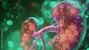 Detailed close-up visual of human kidneys, showcasing internal anatomy and cellular structure. The image is set against a glowing green background, with a focus on biological intricacies and medical