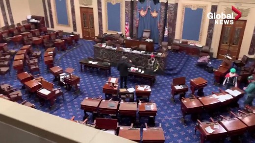 WARNING: violent content Footage shows the chaos that descended onto the House Chamber floor as protesters supporting the Republican president breached the Capitol building’s doors. (These events are from Jan. 6, 2021. The date included in a previous version of this video was inaccurate.) READ: https://globalnews.ca/news/7558598/us-election-congress-biden-win-trump/ | Global News
