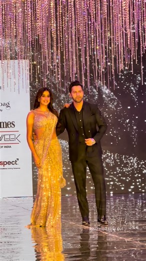 Bollywood Stylefile by Simi on Instagram: "Our favourite bijurias setting the ramp on fire with their walk and moves🥰 @bollywoodstylefile . . . #janhvikapoor #varundhawan #bollywood #fashion"