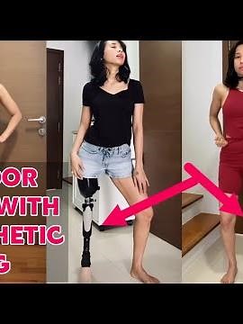 Beautiful Amputee lady adaptive prosthetic leg walk indoor