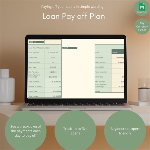 Calculateur de remboursement de prêt (jusqu'à 5 prêts, feuilles Google) - Etsy France
