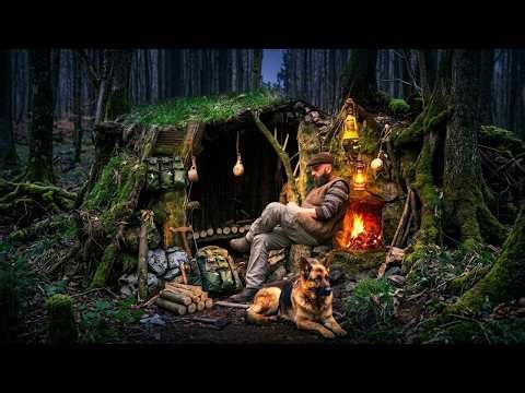 Building a Bushcraft Shelter From Nothing 🪓 | Stone Fireplace Cooking in the Forest (Full Build)