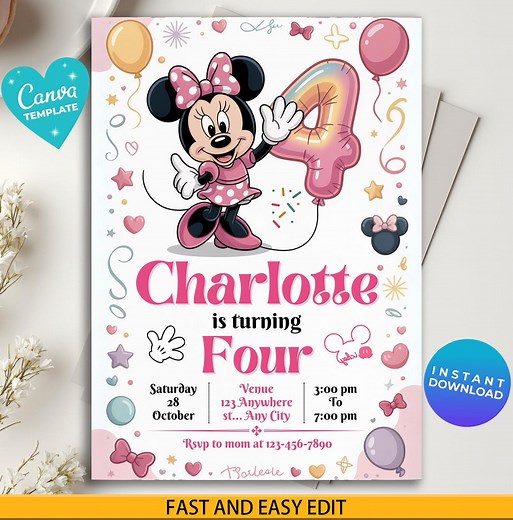 Editable Minnie Mouse 4th Birthday Invitation, Mickey Theme Party Invite, Printable Kids Birthday Card, Personalized Mickey Mouse Party - Etsy
