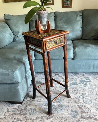 Vintage Burnt Bamboo Tall Table With Drawer 1970s Bohemian Plant Stand Square Accent Furniture - Etsy