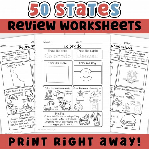 50 States Review Worksheets | Tracing & Coloring Pages, USA Geography Worksheets, Homeschool Social Studies Printables, State Capitals - Etsy