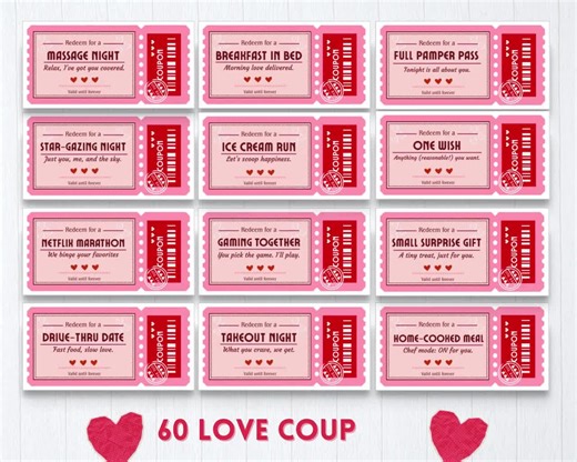 Printable Love Coupons Gift for Her for Him, Valentines Day, Romantic Anniversary, Birthday Gift for Husband, Wife, Boyfriend, Girlfriend - Etsy