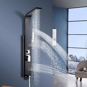 [Hot Item] Shower Panel Bathroom Wall Mounted Stainless Steel Waterfall Black Shower Column Set Tower Jets Shower Panels Columna De Ducha