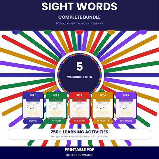 Sight Words Worksheets Bundle | 50 Dolch Sight Words | Preschool & Kindergarten Reading Activities | Printable PDF | Sight Words Set 1-5 - Etsy
