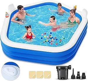 Inflatable Swimming Pool, 90" X 90" X 26" Kiddie Pool with Pump, Thickened Blow-Up Pool for Kids, Adults, Family, Pools for Outdoor, Backyard, Indoor, Blue, SPA005