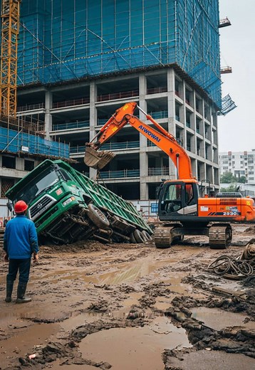 AIWOWAI Excavator Performs Epic Truck Rescue from Mud