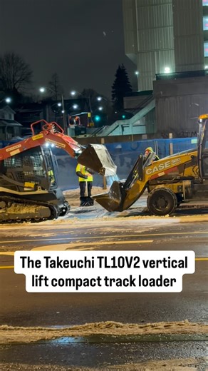 Takeuchi TL10V2 compact loader and a CASE 580 Series backhoe loader team up to finish snow removal