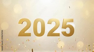 Golden number 2025 glows on festive confetti background. Greeting card with text 2025 on white. Video animation screensaver. Wallpaper for Christmas, New Year, holidays. Figure 2025 sparkles footage.
