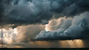 Awe-inspiring sight of dark, scary clouds as they swirl and shift across the sky. Menacing presence and dramatic movements. The power and beauty of nature’s tempest