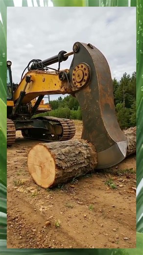 Modified Hydraulic Axe Excavator vs. Super Thick Tree Trunk #excavator #heavymachinery