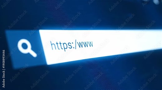 A close-up of a glowing blue digital search bar interface with a magnifying glass icon. The background features abstract blue digital network patterns.