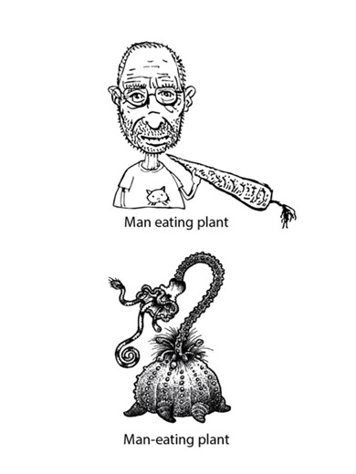 1.6K views · 50 reactions |  Jack meant to ask Don to draw a man-eating plant. 凌 What he actually wrote was “draw a man eating plant.” So now we have a drawing of Don eating a carrot and a terrifying leafy monster. Both technically correct. Moral of the story? Grammar matters. Also, Lynnette is now officially in charge of proofreading Jack’s emails. | Calamityware | Facebook