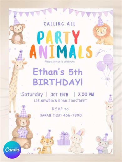 Lavender Safari Animals Birthday Invitation 5th Birthday Editable Canva Template Safari Animals Party Invite Instant Download Printable - Etsy