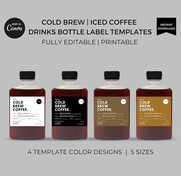 Editable Cold Brew Coffee Bottle Labels Template Canva, Drink Label Design, Juice Bottle Label Stickers Printable, Custom Beverage Packaging - Etsy