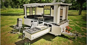 Remote-control pop-up camper tows like a sports car, grows into a breezy cabana
