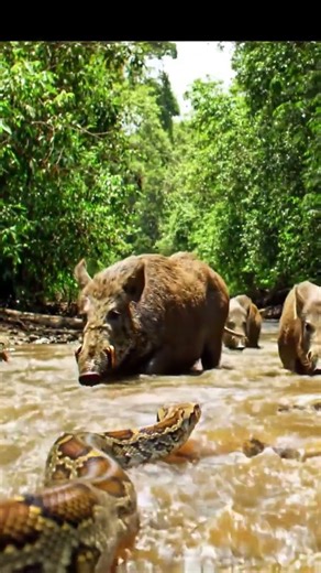 a huge python ambushes a herd of wild boars drinking by a river #snake #python #shorts #snake