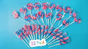 32 Pack Blue Pink Purple Swirl Twisty Blueberry Flavor Lollipops Suckers Bulk (16 Swirls + 16 Twists), Holiday Treats Candy Lollipops Individually Wrapped, Unicorn Birhday Suckers
